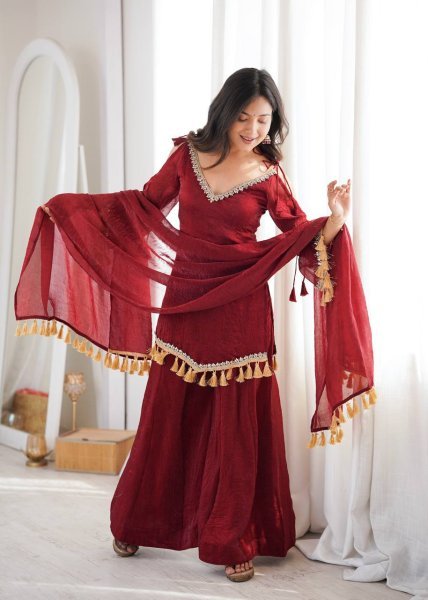 Alluring Maroon Crush Real Mirror Work Kurti Palazzo Dupatta Set for Women Ready To Wear Collection
