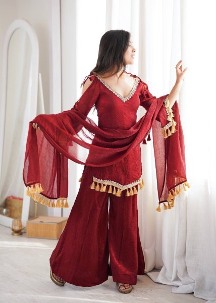 Alluring Maroon Crush Real Mirror Work Kurti Palazzo Dupatta Set for Women Ready To Wear Collection