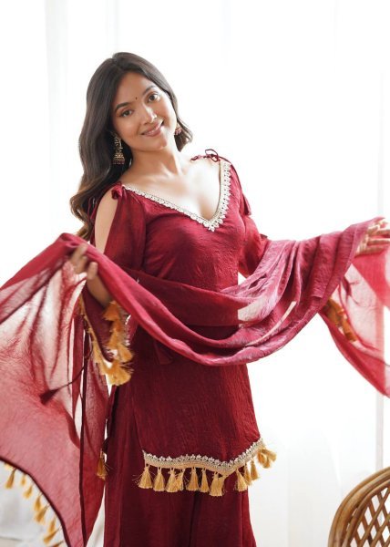 Alluring Maroon Crush Real Mirror Work Kurti Palazzo Dupatta Set for Women Ready To Wear Collection