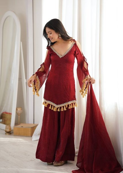 Alluring Maroon Crush Real Mirror Work Kurti Palazzo Dupatta Set for Women Ready To Wear Collection