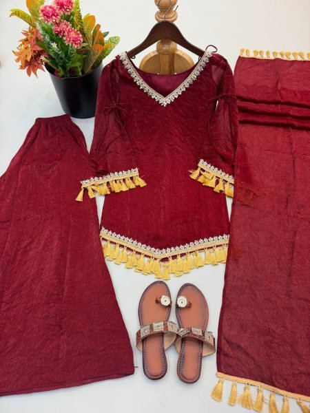 Alluring Maroon Crush Real Mirror Work Kurti Palazzo Dupatta Set for Women Ready To Wear Collection