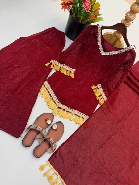 Alluring Maroon Crush Real Mirror Work Kurti Palazzo Dupatta Set for Women Ready To Wear Collection