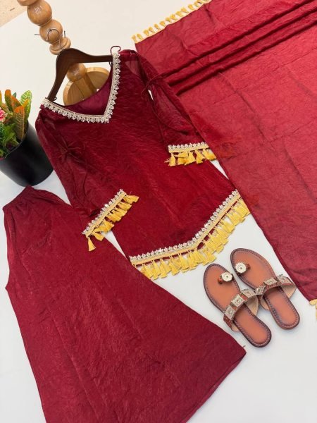 Alluring Maroon Crush Real Mirror Work Kurti Palazzo Dupatta Set for Women Ready To Wear Collection