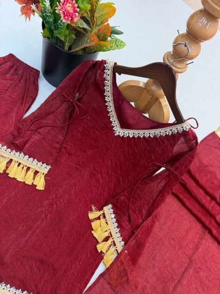 Alluring Maroon Crush Real Mirror Work Kurti Palazzo Dupatta Set for Women Ready To Wear Collection