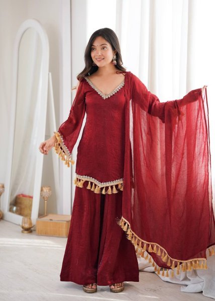 Alluring Maroon Crush Real Mirror Work Kurti Palazzo Dupatta Set for Women Ready To Wear Collection