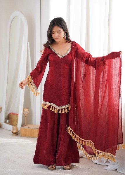 Alluring Maroon Crush Real Mirror Work Kurti Palazzo Dupatta Set for Women Ready To Wear Collection