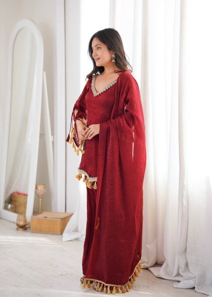 Alluring Maroon Crush Real Mirror Work Kurti Palazzo Dupatta Set for Women Ready To Wear Collection