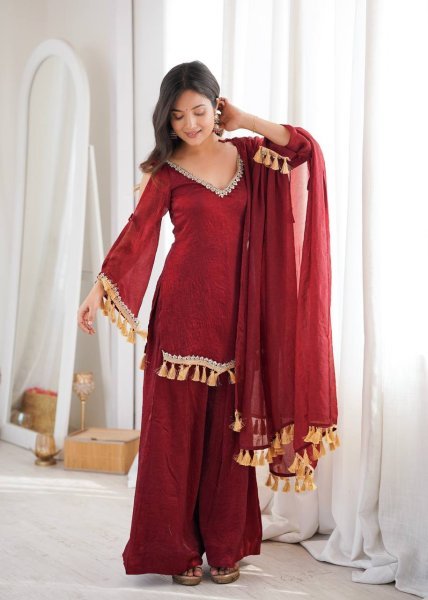 Alluring Maroon Crush Real Mirror Work Kurti Palazzo Dupatta Set for Women Ready To Wear Collection
