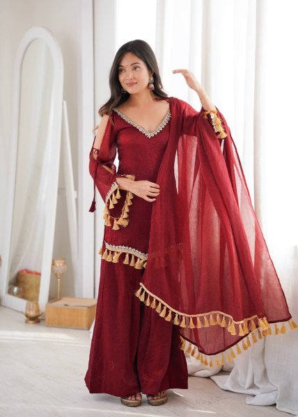 Alluring Maroon Crush Real Mirror Work Kurti Palazzo Dupatta Set for Women Ready To Wear Collection