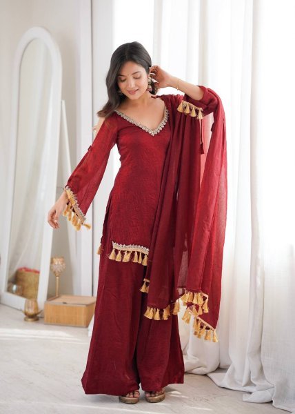 Alluring Maroon Crush Real Mirror Work Kurti Palazzo Dupatta Set for Women Ready To Wear Collection