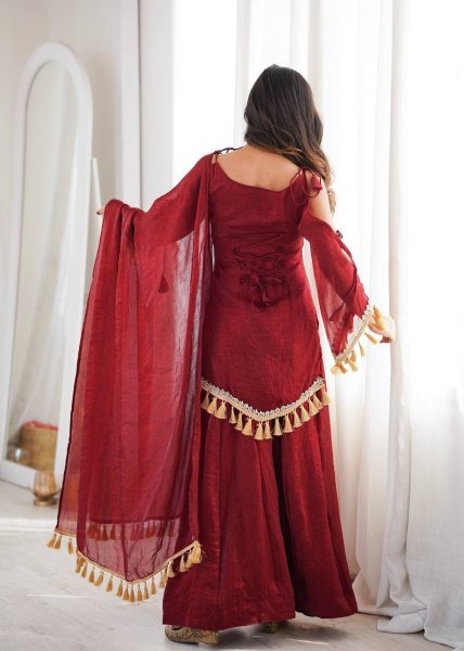 Alluring Maroon Crush Real Mirror Work Kurti Palazzo Dupatta Set for Women Ready To Wear Collection