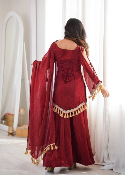 Alluring Maroon Crush Real Mirror Work Kurti Palazzo Dupatta Set for Women Ready To Wear Collection