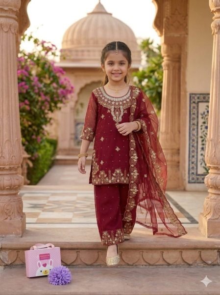 Alluring Maroon Kids Georgette Kurti Sharara Set with Embroidery Work Girls Wear