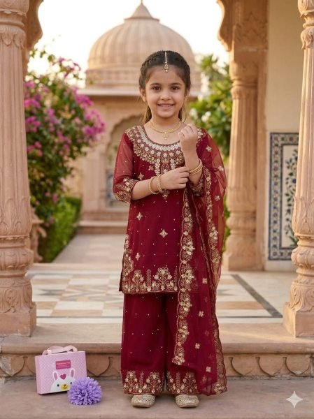 Alluring Maroon Kids Georgette Kurti Sharara Set with Embroidery Work Girls Wear