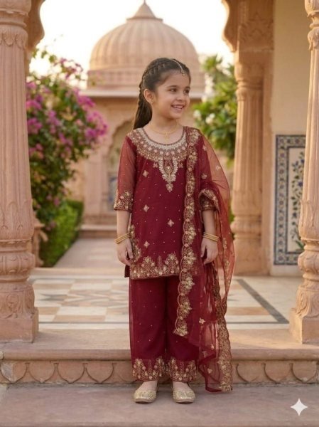 Alluring Maroon Kids Georgette Kurti Sharara Set with Embroidery Work Girls Wear