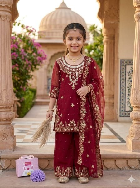 Alluring Maroon Kids Georgette Kurti Sharara Set with Embroidery Work Girls Wear