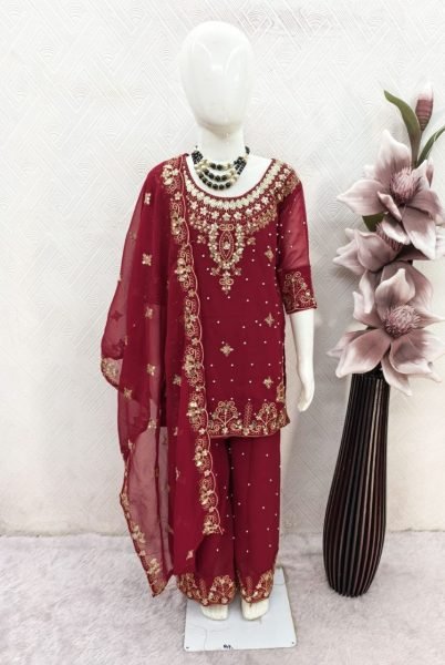 Alluring Maroon Kids Georgette Kurti Sharara Set with Embroidery Work Girls Wear