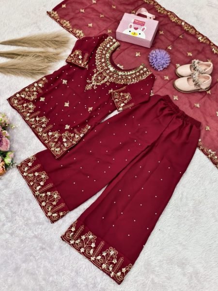 Alluring Maroon Kids Georgette Kurti Sharara Set with Embroidery Work Girls Wear