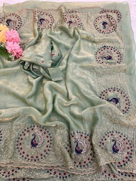 Alluring Mint Green Premium Space Satin Saree with All Over Thread and Sequins Work Sarees 
