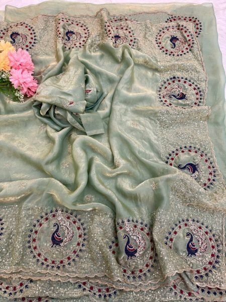 Alluring Mint Green Premium Space Satin Saree with All Over Thread and Sequins Work Designer Wedding Sarees Wholesale