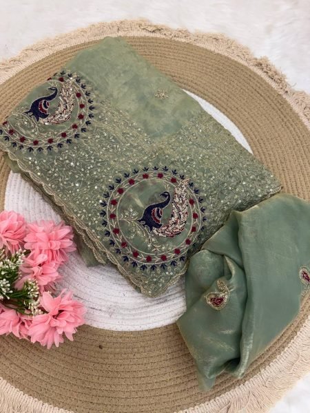 Alluring Mint Green Premium Space Satin Saree with All Over Thread and Sequins Work Designer Wedding Sarees Wholesale
