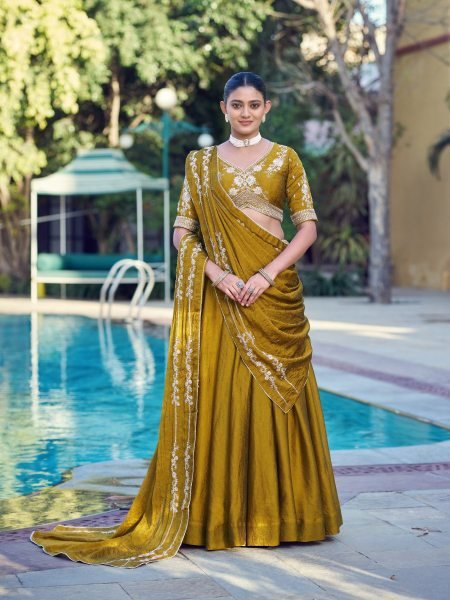 Alluring Mustard Crush Party Wear Lehenga Choli with Heavy Sequins Embroidery  Lehenga