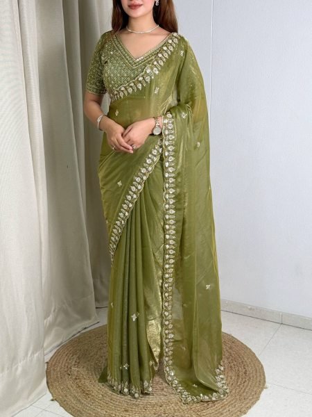 Alluring Olive Green Fandy Satin Saree with Heavy Beads and Sequins Work for Wedding 