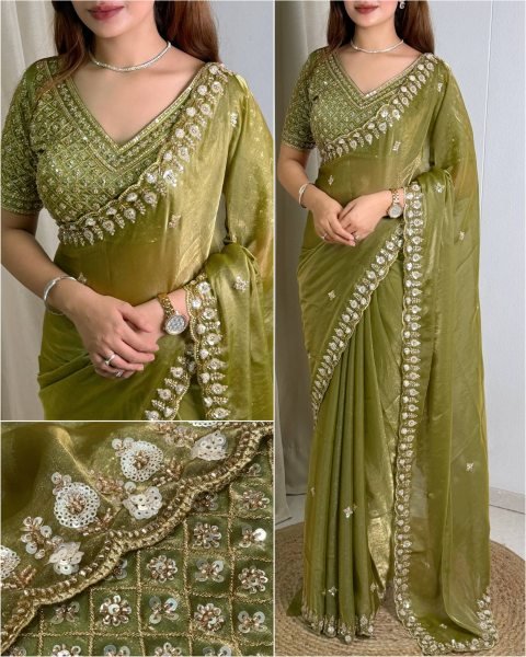 Alluring Olive Green Fandy Satin Saree with Heavy Beads and Sequins Work for Wedding Designer Wedding Sarees Wholesale