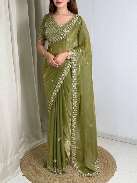 Alluring Olive Green Fandy Satin Saree with Heavy Beads and Sequins Work for Wedding Designer Wedding Sarees Wholesale