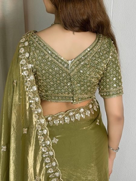 Alluring Olive Green Fandy Satin Saree with Heavy Beads and Sequins Work for Wedding Designer Wedding Sarees Wholesale
