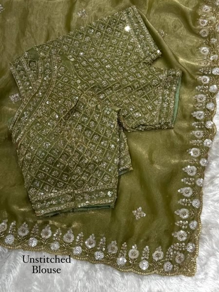 Alluring Olive Green Fandy Satin Saree with Heavy Beads and Sequins Work for Wedding Designer Wedding Sarees Wholesale