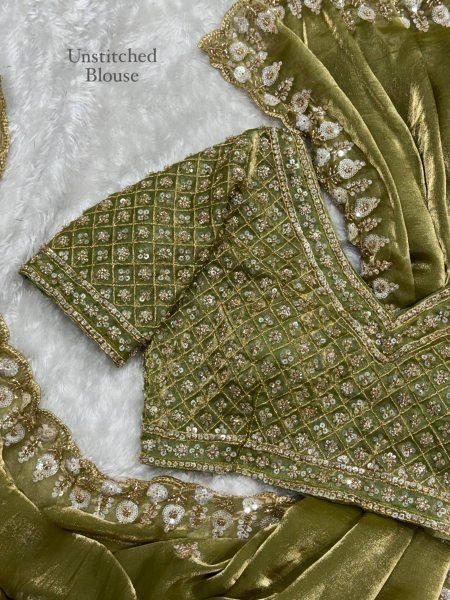 Alluring Olive Green Fandy Satin Saree with Heavy Beads and Sequins Work for Wedding Designer Wedding Sarees Wholesale