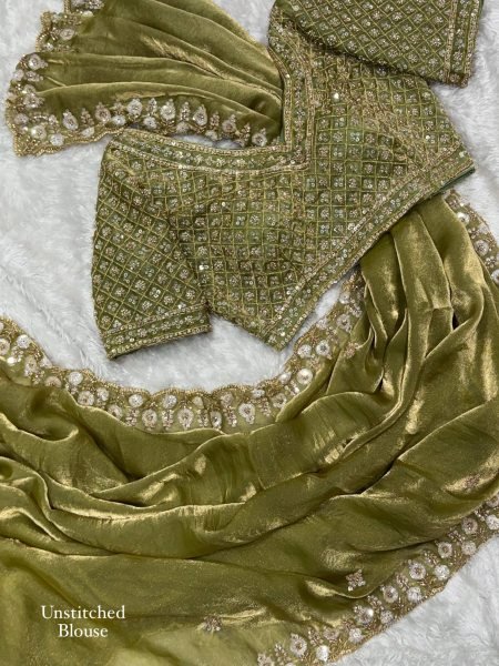 Alluring Olive Green Fandy Satin Saree with Heavy Beads and Sequins Work for Wedding Designer Wedding Sarees Wholesale