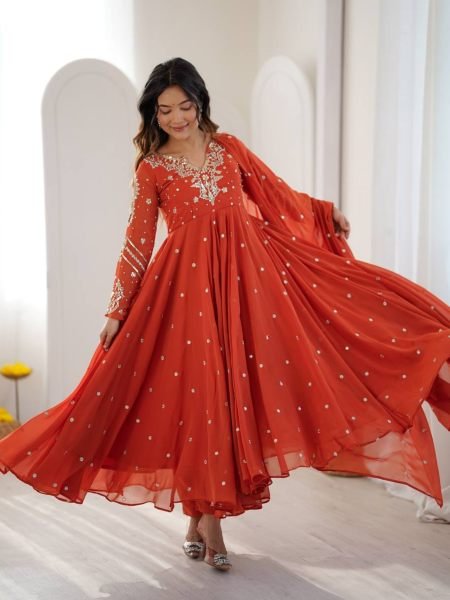 Alluring Orange Faux Georgette Gown with Heavy Embroidery Work For Diwali Festival Ready To Wear Suit