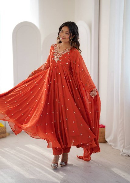 Alluring Orange Faux Georgette Gown with Heavy Embroidery Work For Diwali Festival Ready To Wear Collection