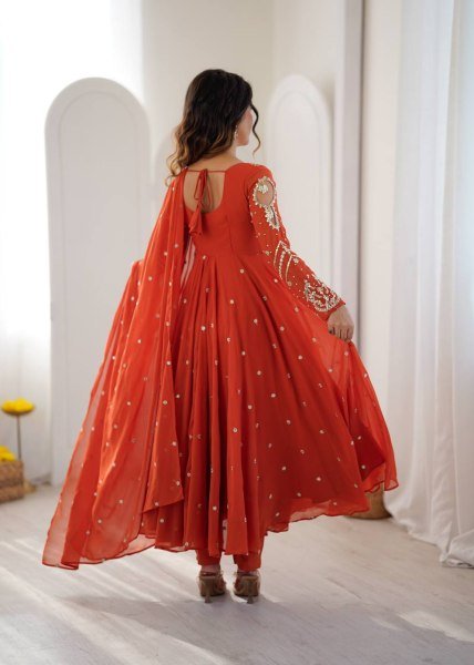 Alluring Orange Faux Georgette Gown with Heavy Embroidery Work For Diwali Festival Ready To Wear Collection