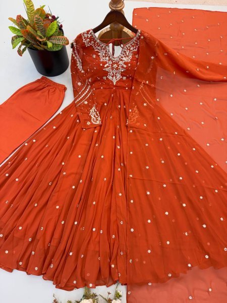 Alluring Orange Faux Georgette Gown with Heavy Embroidery Work For Diwali Festival Ready To Wear Collection