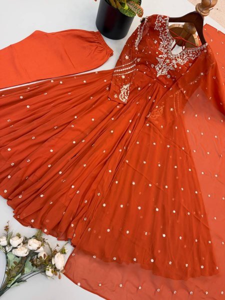 Alluring Orange Faux Georgette Gown with Heavy Embroidery Work For Diwali Festival Ready To Wear Collection