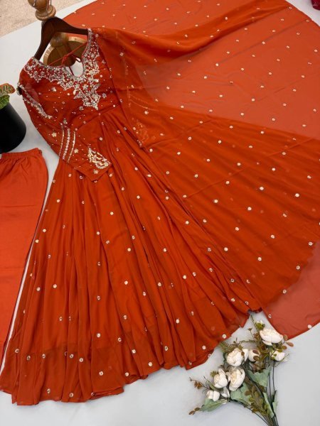 Alluring Orange Faux Georgette Gown with Heavy Embroidery Work For Diwali Festival Ready To Wear Collection