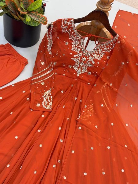 Alluring Orange Faux Georgette Gown with Heavy Embroidery Work For Diwali Festival Ready To Wear Collection