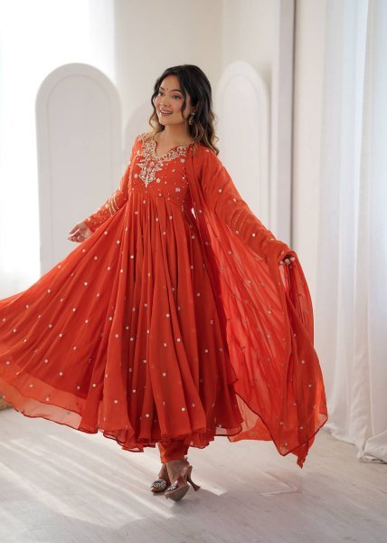 Alluring Orange Faux Georgette Gown with Heavy Embroidery Work For Diwali Festival Ready To Wear Collection