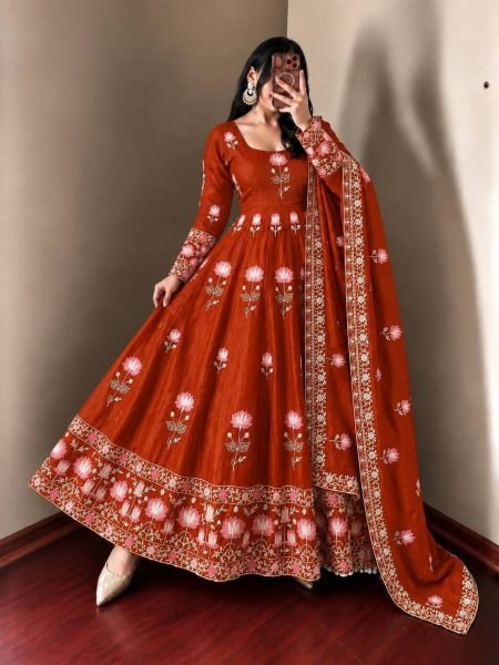 Alluring Orange Fendy Silk Full Flair Gown with Heavy Micro Cotton Inner at Factory Price 