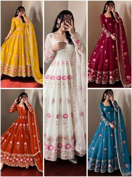 Alluring Orange Fendy Silk Full Flair Gown with Heavy Micro Cotton Inner at Factory Price Ready To Wear Collection