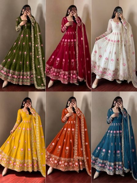 Alluring Orange Fendy Silk Full Flair Gown with Heavy Micro Cotton Inner at Factory Price Ready To Wear Collection