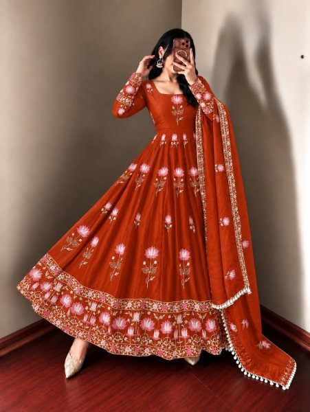 Alluring Orange Fendy Silk Full Flair Gown with Heavy Micro Cotton Inner at Factory Price Ready To Wear Collection