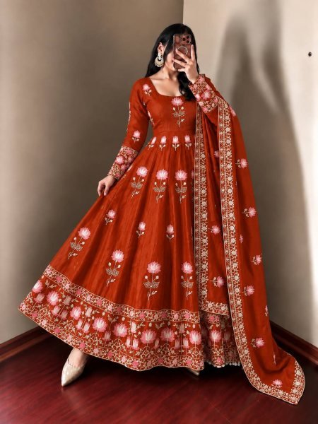 Alluring Orange Fendy Silk Full Flair Gown with Heavy Micro Cotton Inner at Factory Price Ready To Wear Collection