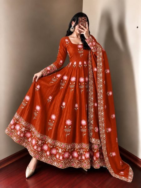 Alluring Orange Fendy Silk Full Flair Gown with Heavy Micro Cotton Inner at Factory Price Ready To Wear Collection