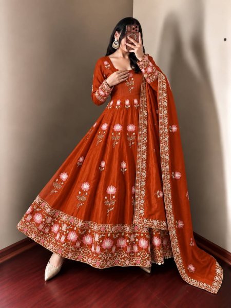 Alluring Orange Fendy Silk Full Flair Gown with Heavy Micro Cotton Inner at Factory Price Ready To Wear Collection