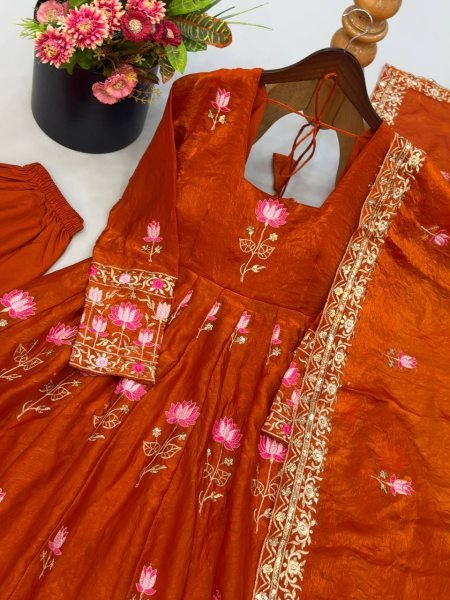 Alluring Orange Fendy Silk Full Flair Gown with Heavy Micro Cotton Inner at Factory Price Ready To Wear Collection