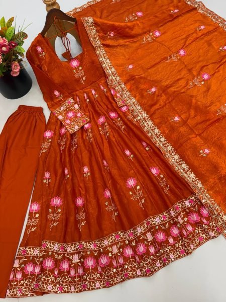 Alluring Orange Fendy Silk Full Flair Gown with Heavy Micro Cotton Inner at Factory Price Ready To Wear Collection